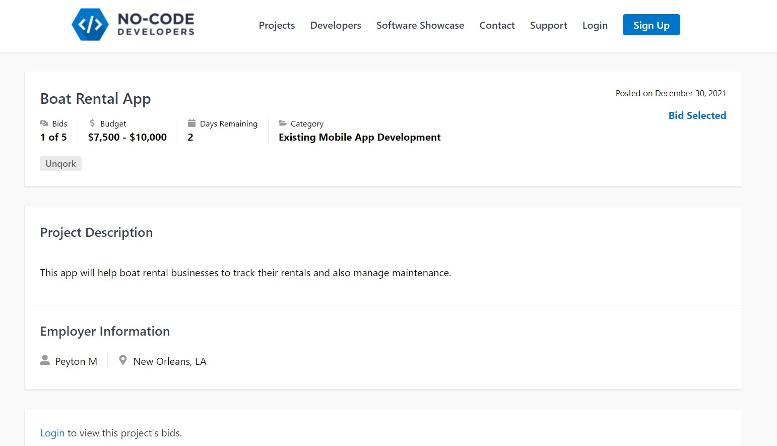 Screenshot of No-Code Developers marketplace