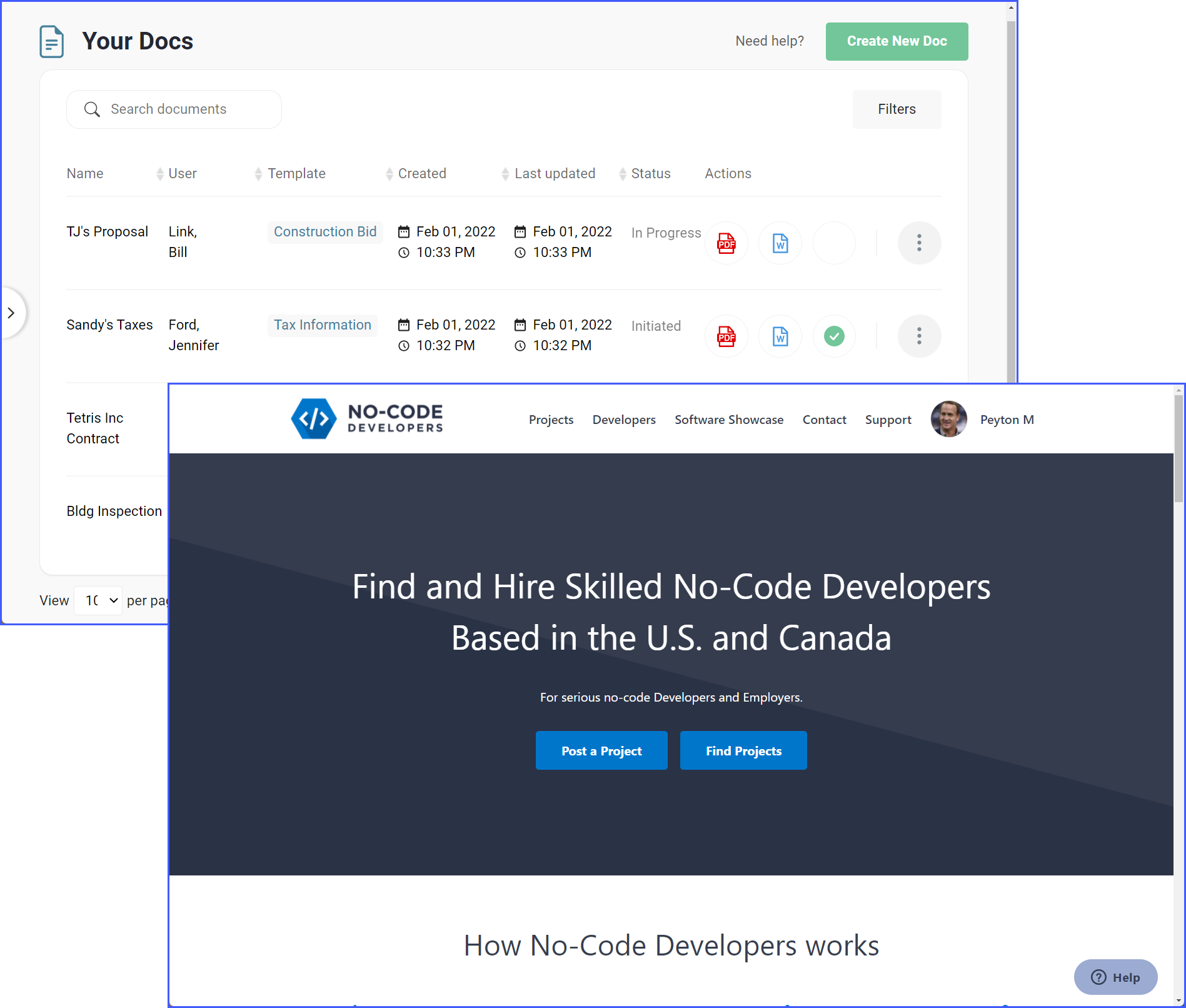 Screenshot of no-code developers and forms2docs